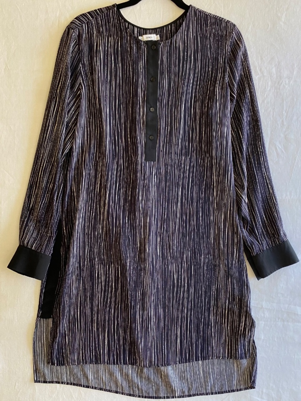Vince Silk Long Sleeve Tunic Dress Black White Striped Button Up Size Large